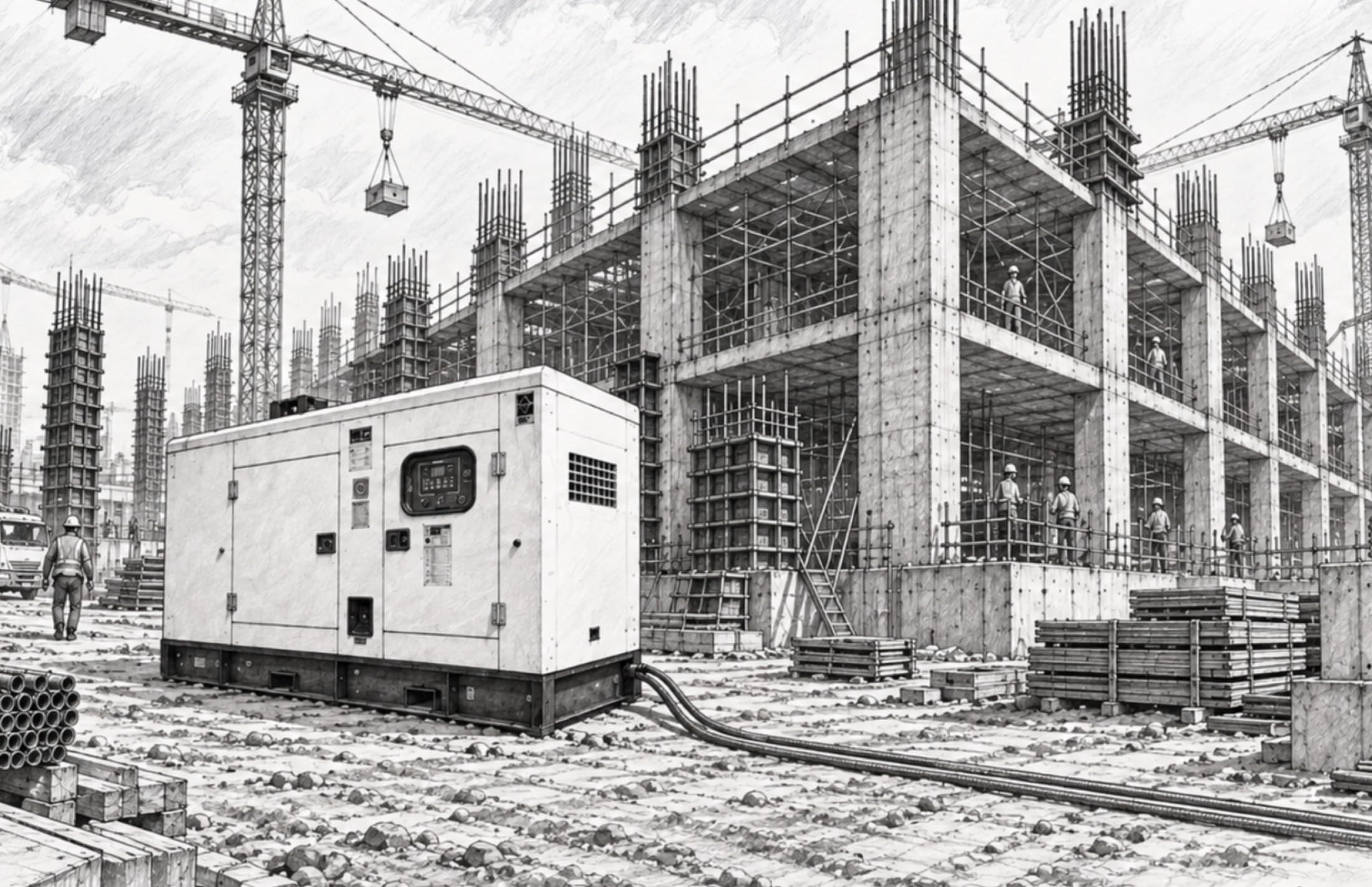 Dibujo a lápiz de un frente de obra: una planta de luz en cabina cerrada, conectada con cables al edificio en obra negra, con torres grúa, cimbra y personal trabajando